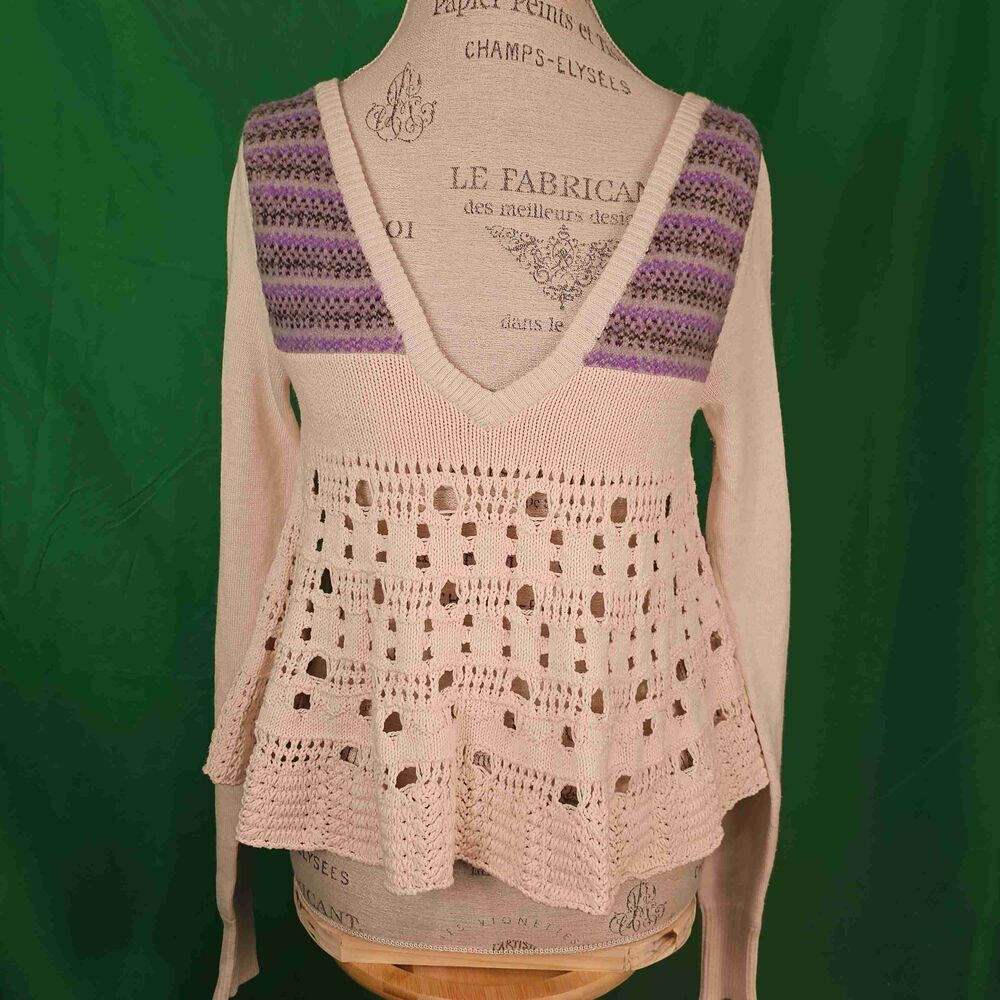 Free People Womens Cream & Purple Deep V Neck Wool Blend Knit Sweater Large